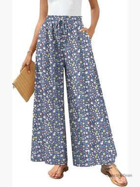 Linen Blend Palazzo Pants Wide Leg Elastic Waist with Pockets